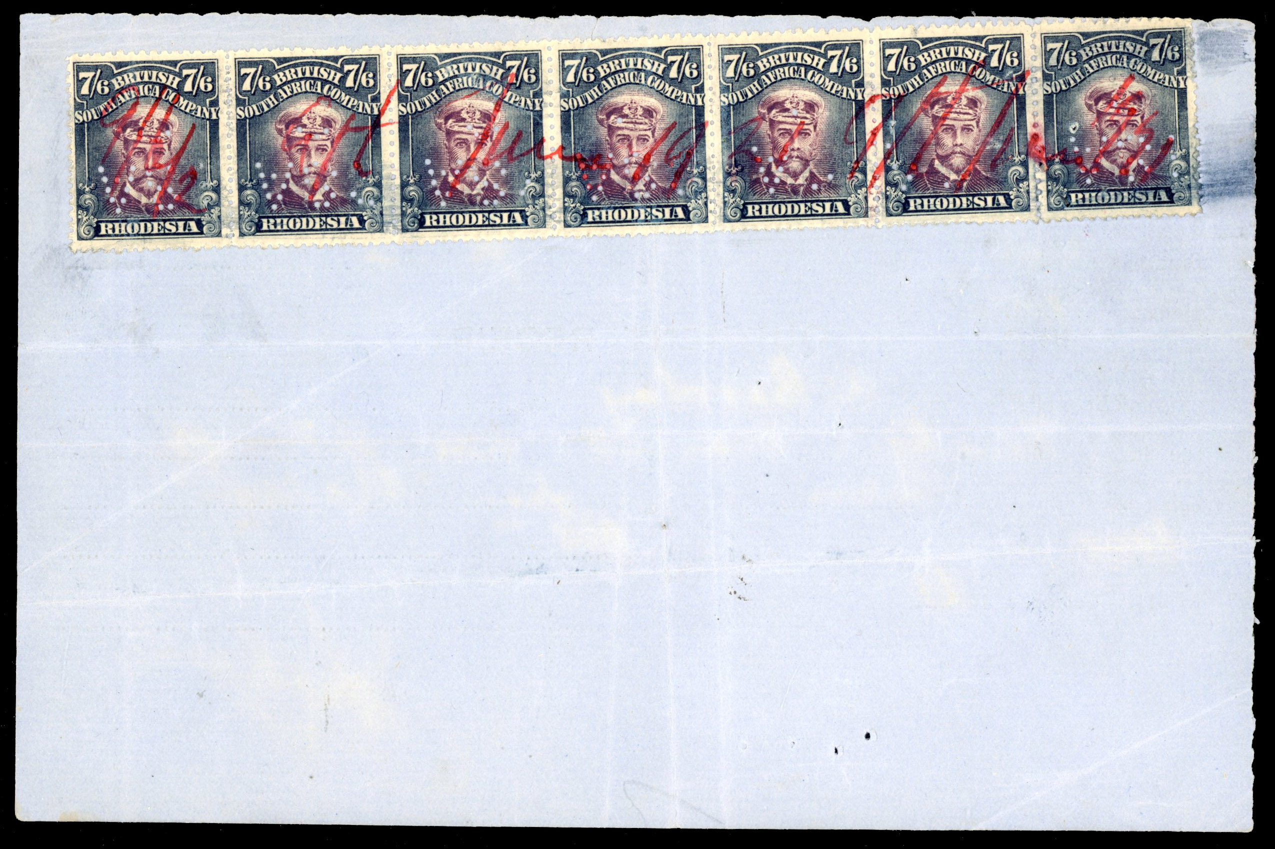 Rhodesia 7/6d SG 255p strip of seven on Quitrent receipt
