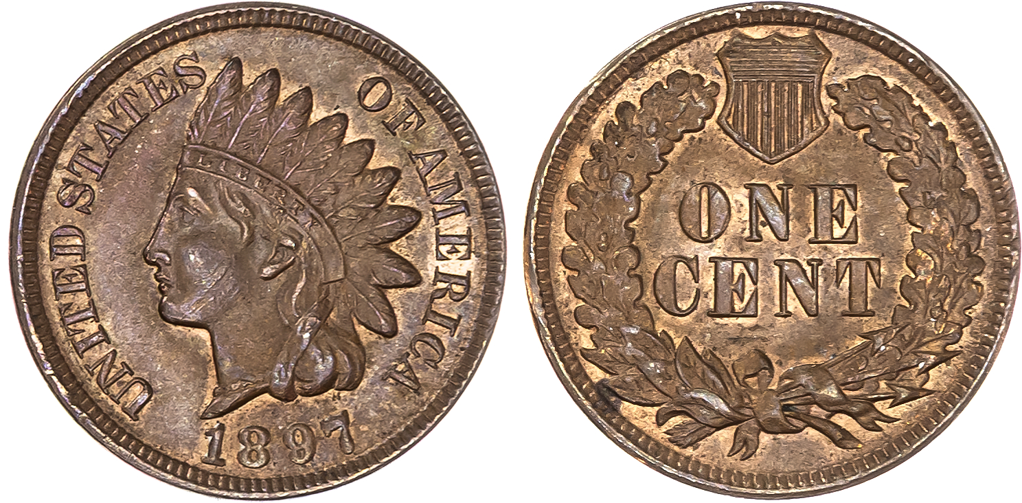 USA , Indian Head bronze Cent, 1897, Philadelphia, 3.08g (KM 90a) . About Uncirculated, minor mark on the obve…