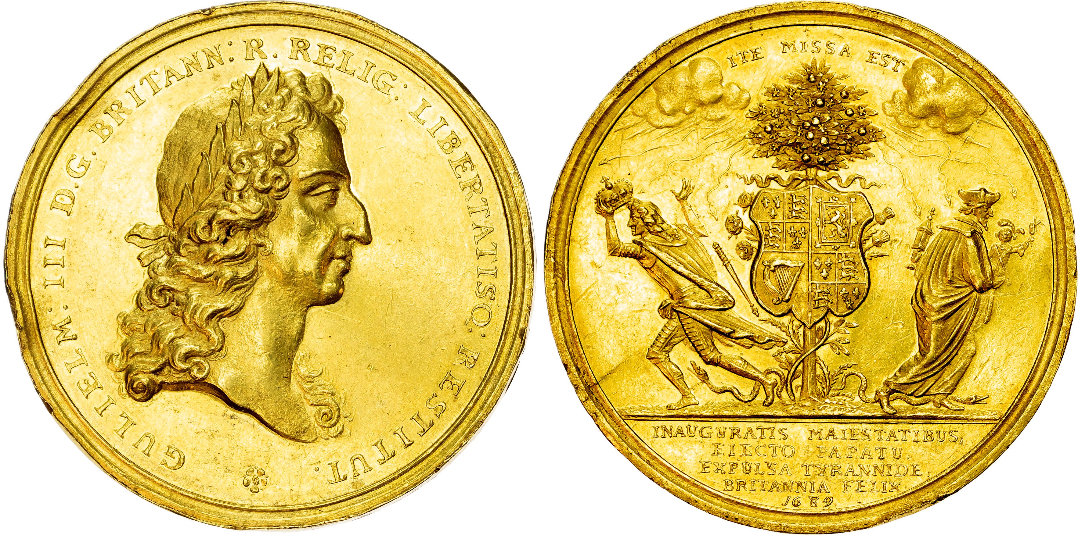 William & Mary (1689 – 1694) Coronation of William of Orange and Flight of James II 1689, large gold medal by J. Smeltzing.