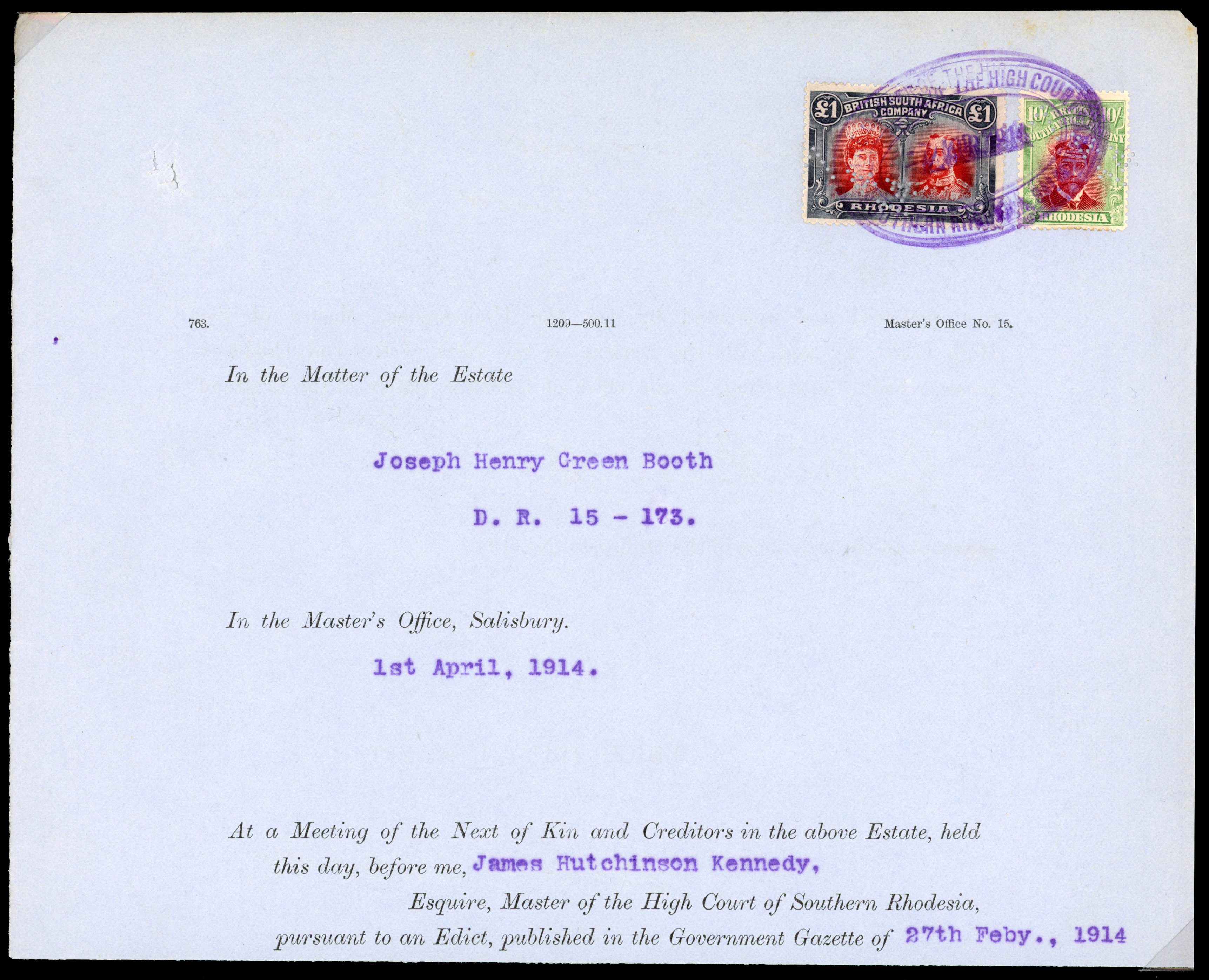 Rhodesia 1914 Estate document with £1 Double Head and 10s Admiral