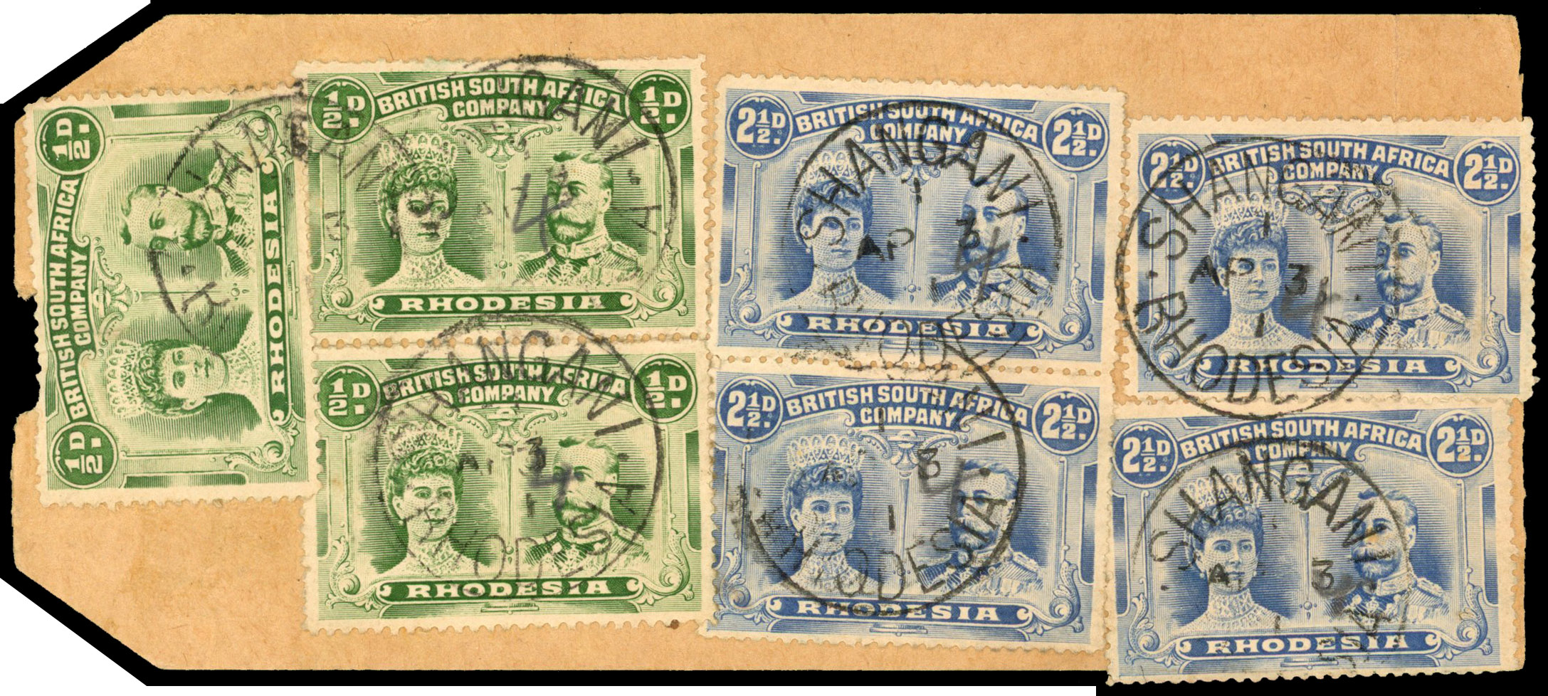 2½d dull blue (4) and ½d yellow-green (4, one on reverse) on full parcel tag, Shangani SCs