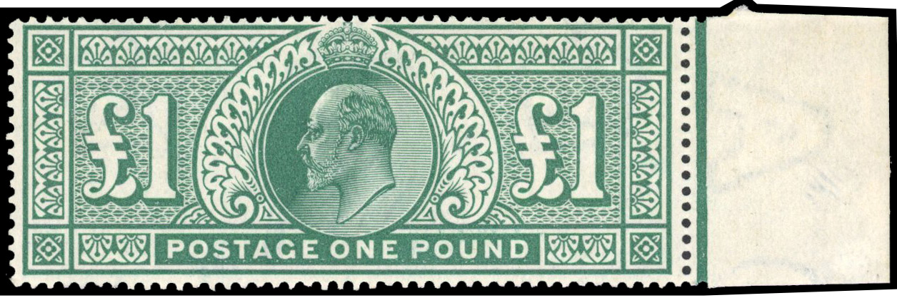 1902-10 DLR £1 dull blue-green, right marginal, large part og