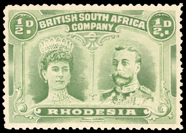 Rhodesia 1910-13 ½d green perf 13½ showing the Double Dot flaw