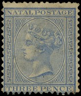 1874 3d blue perf 14 x 12½, large part o.g., stained brown, colour rather dull and with a couple of stained perfs.  SG 68a