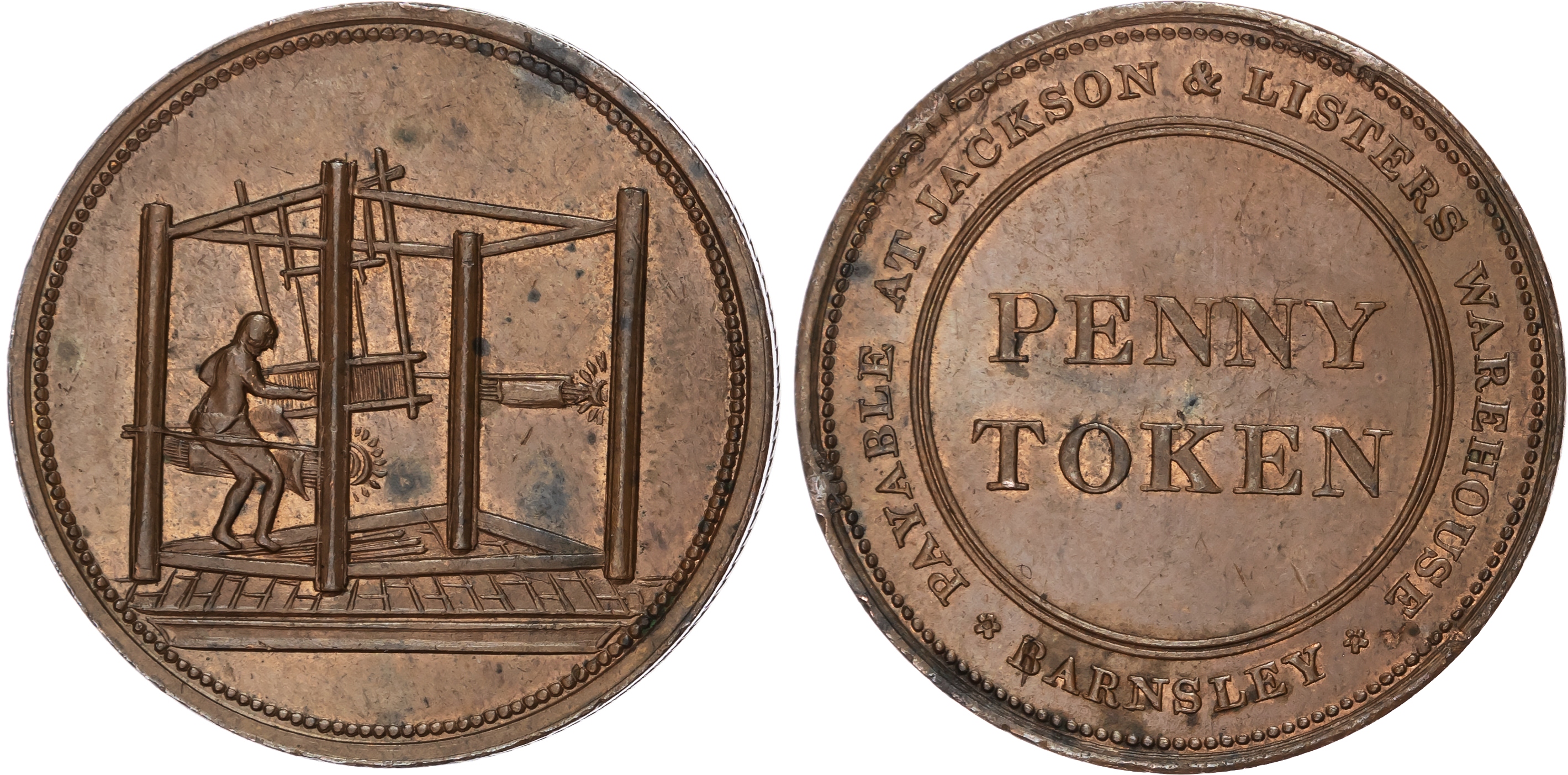 BARNSLEY, Yorks. Jackson & Lister (linen manufacturers & cotton bleachers) Penny (1811), Man in a box loom rev…