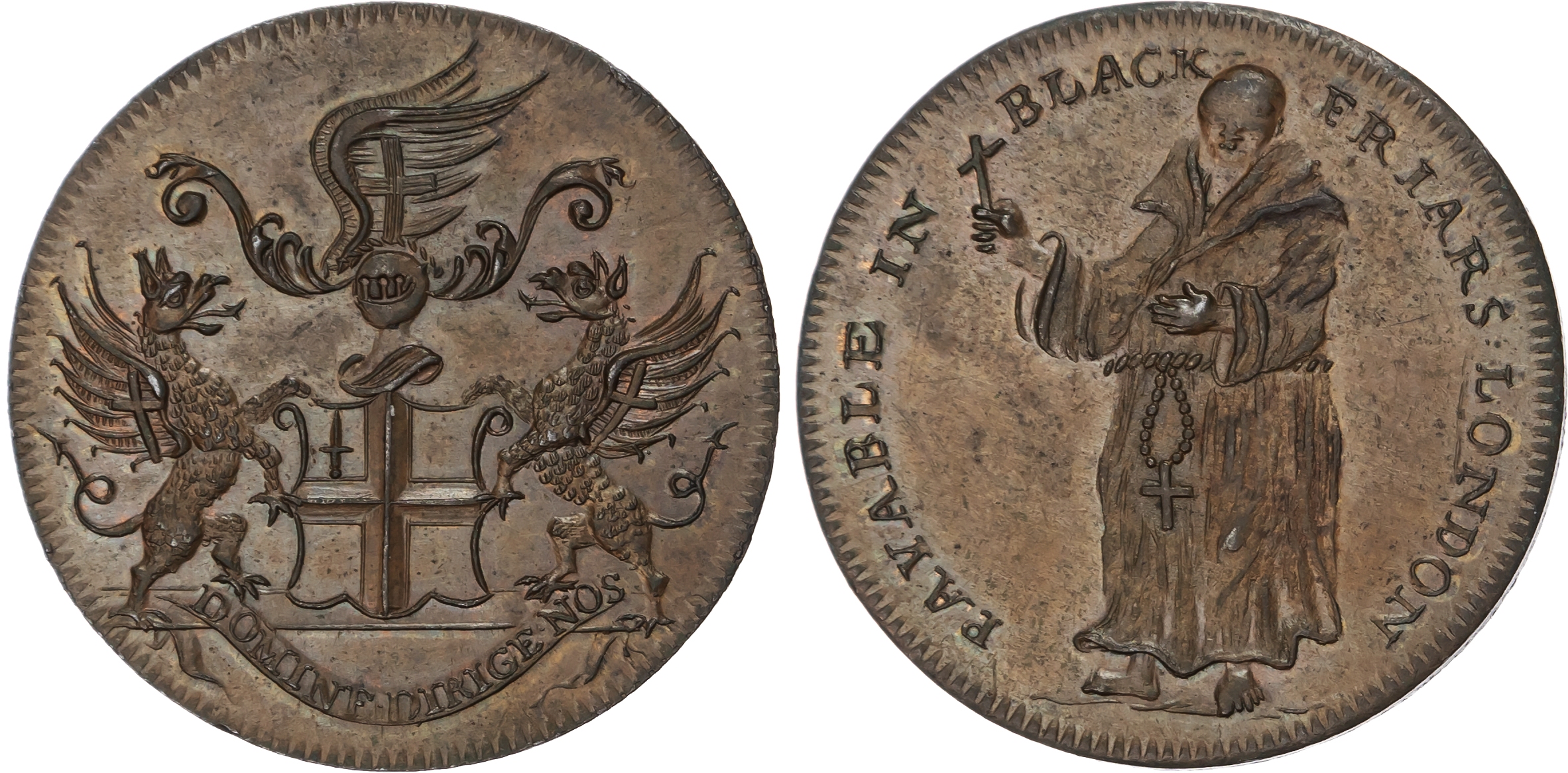 London, Blackfriars , Unknown issuer, Halfpenny undated, Friar standing half left holding crucifix, rev. Arms …