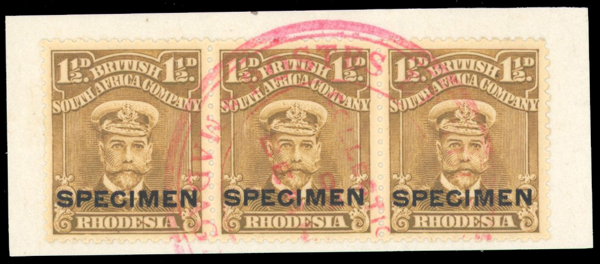 Rhodesia SG 198s 1½d Specimen 'Madagascar' strip