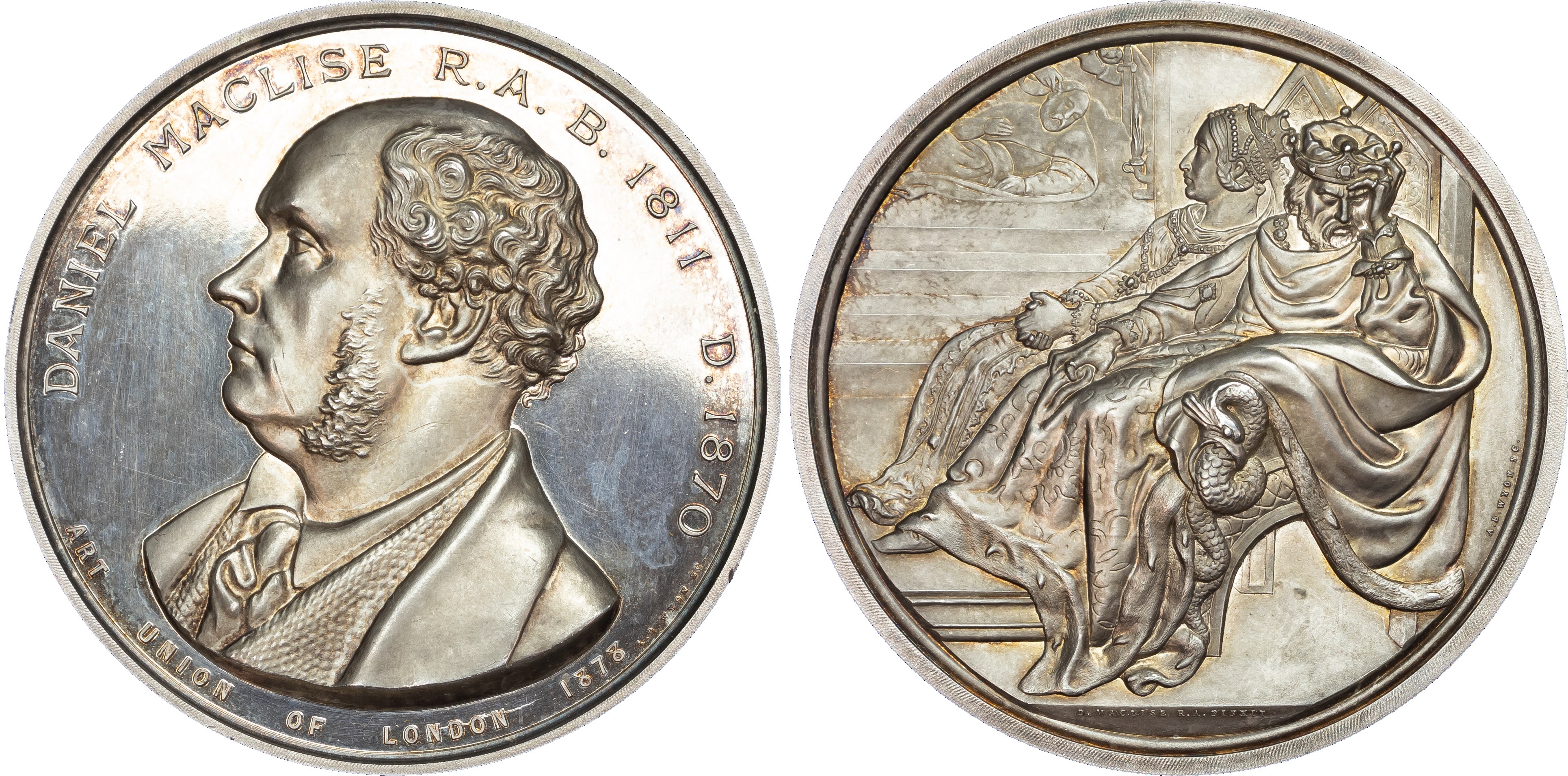 Daniel Maclise (1806–1870), painter, silver medal (55mm/91.79gm) 1878 by A. B. Wyon for the Art Union of London Series.