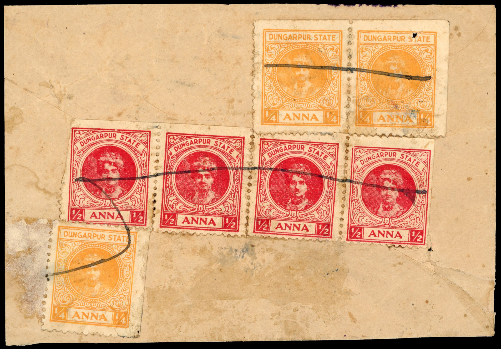 I.F.S Dungarpur SG 9c and 10a in strip of four on cover 
