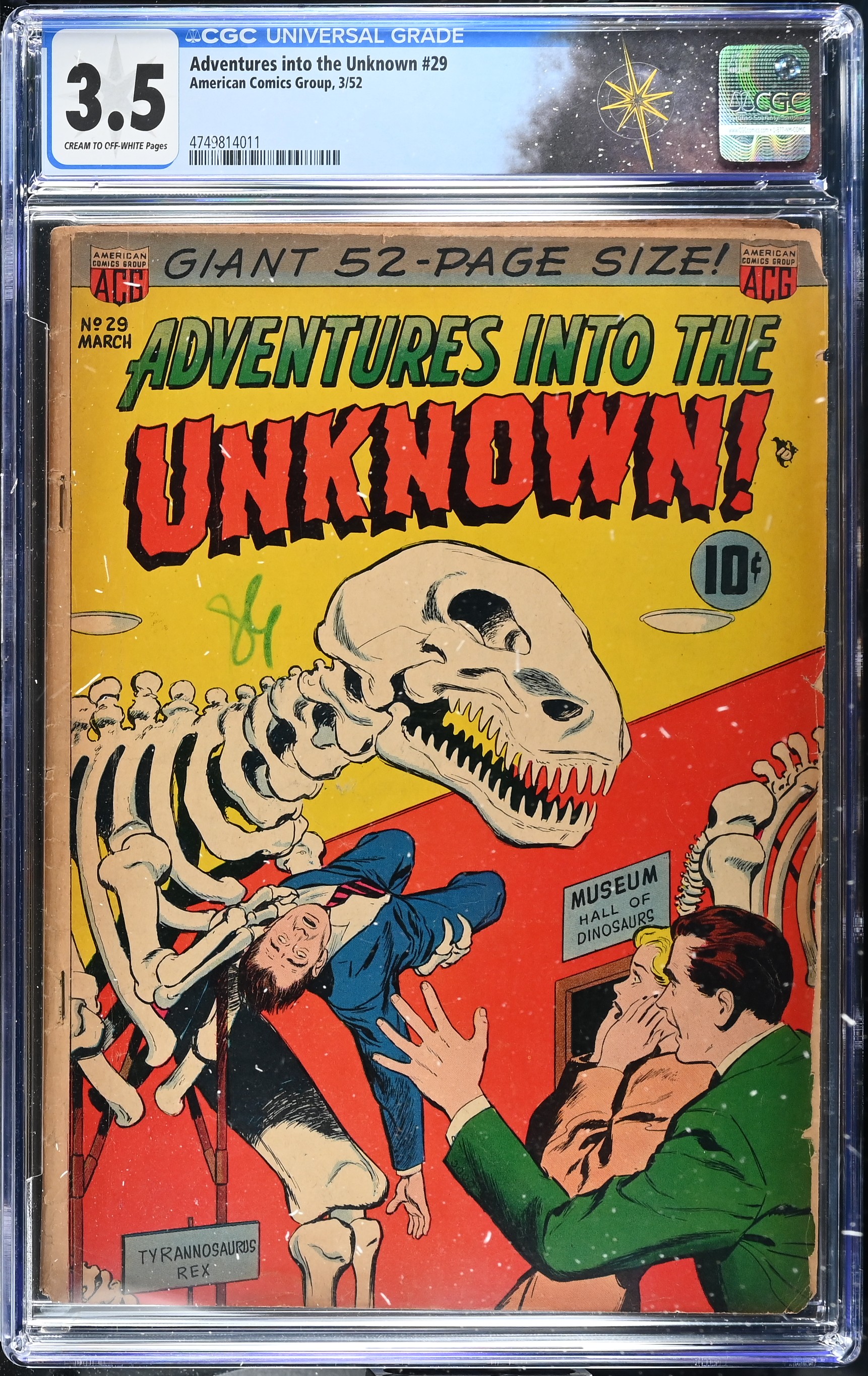 Adventures into the Unknown #29 CGC 3.5 Dinosaur Cover by Ken Bald (American Comics Group, 1952) Cream to Off-White Pages