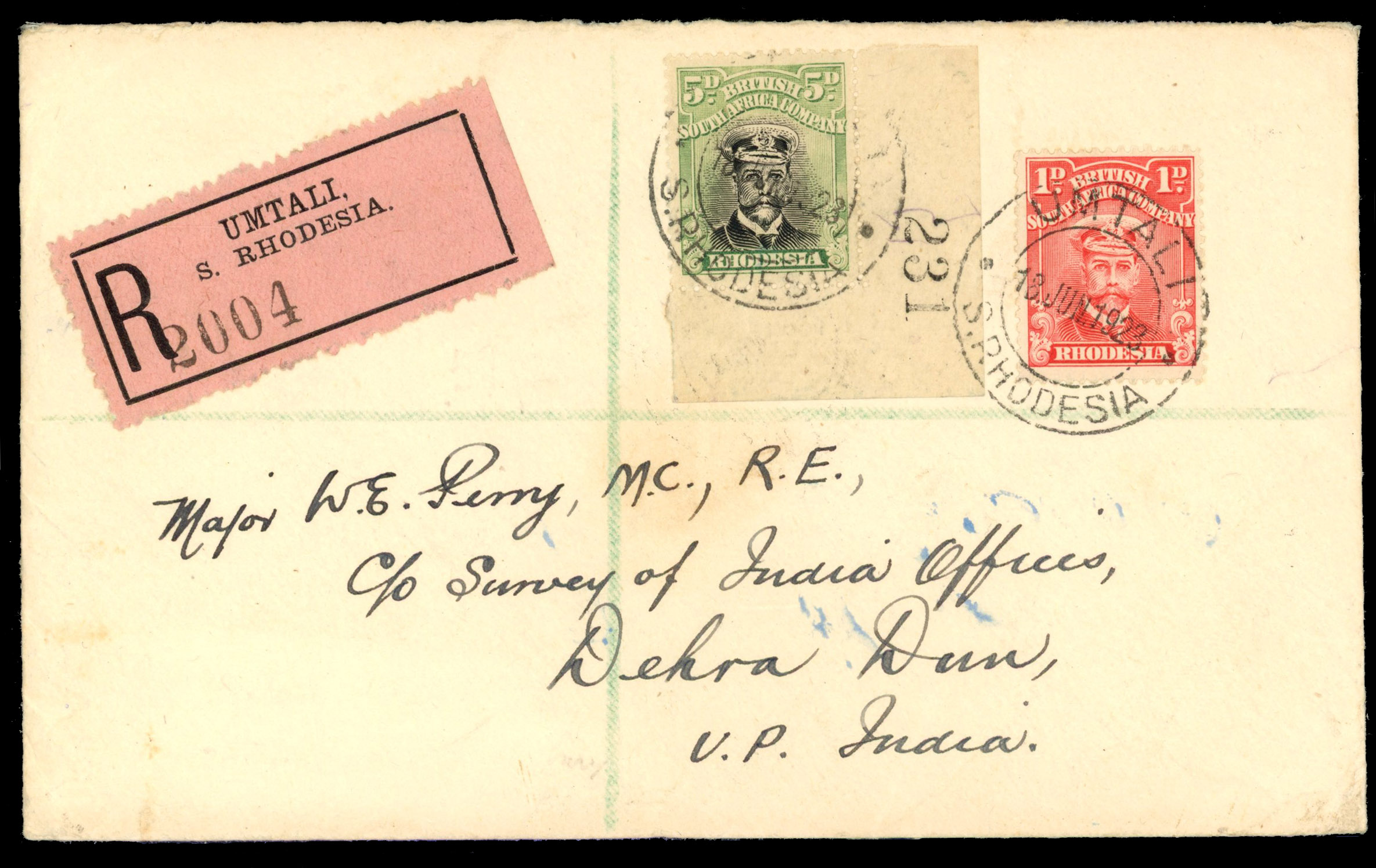 Rhodesia 1923 registered cover to India