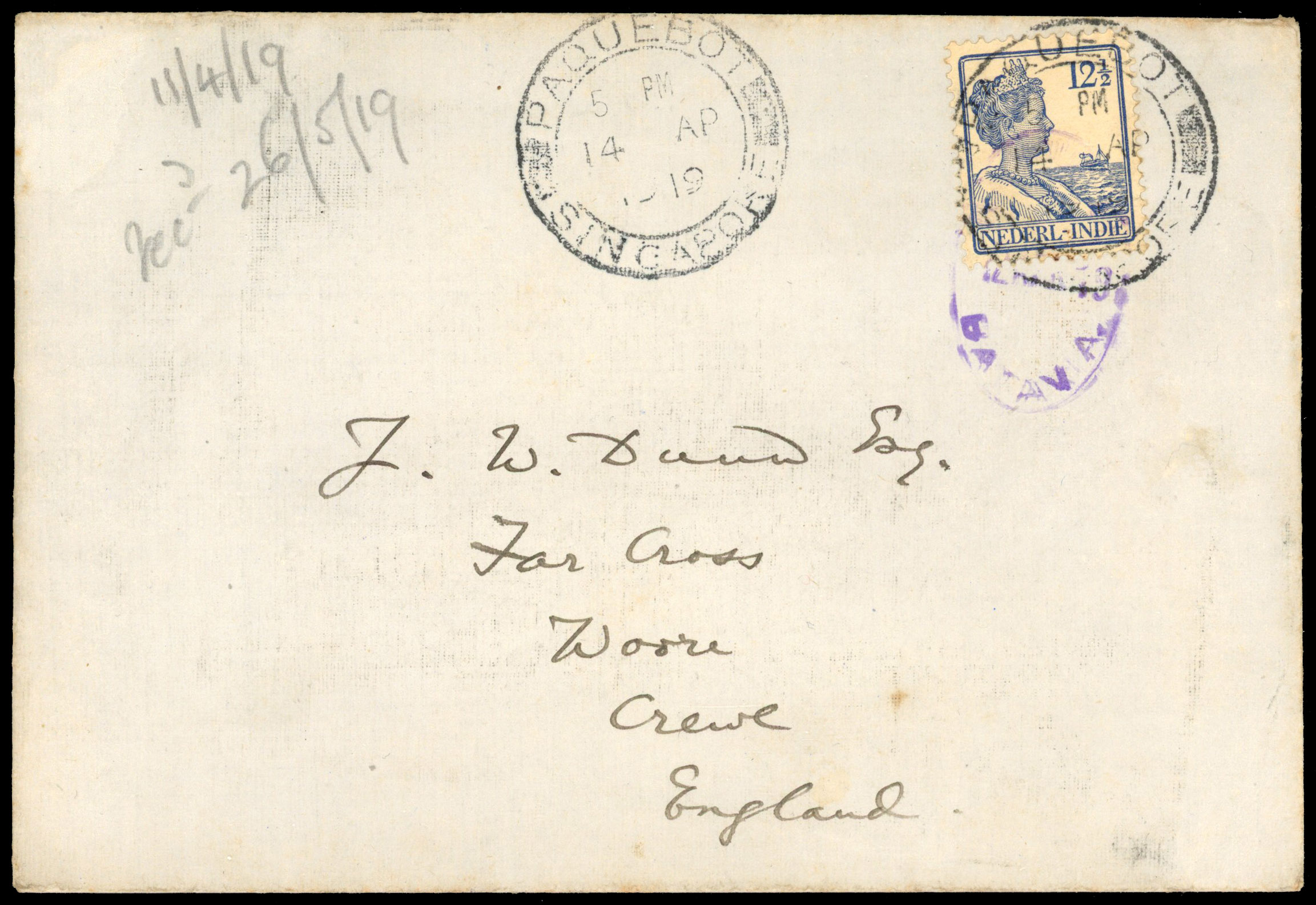 1919 Singapore paquebot cover to England