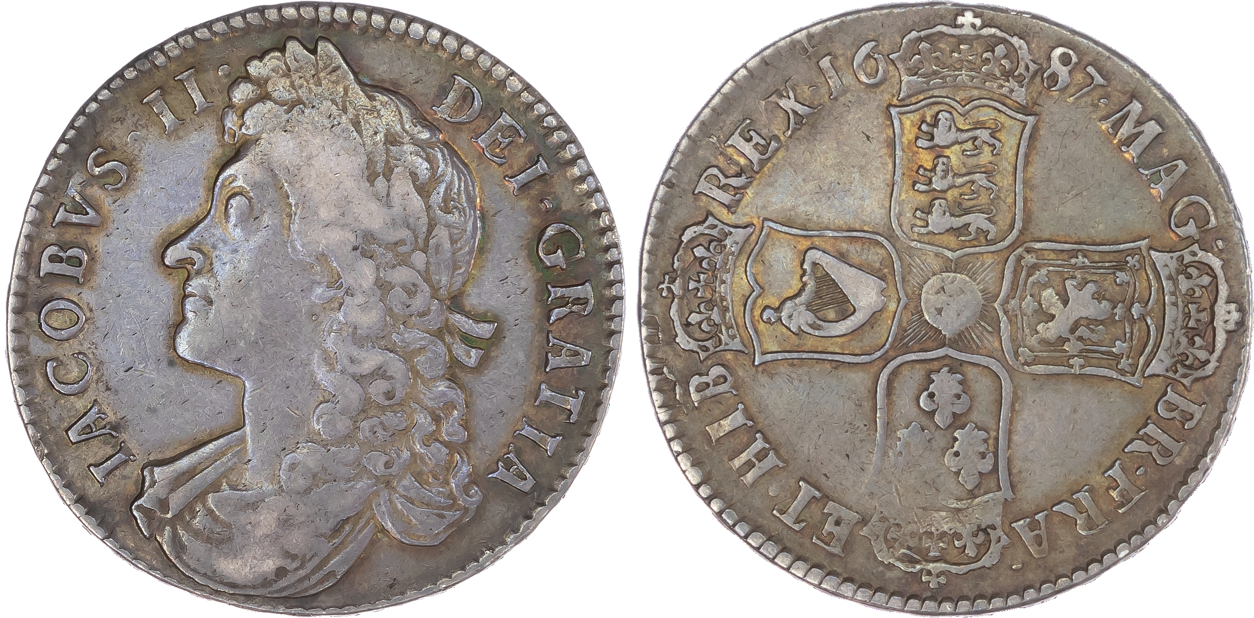 James II (1685-88), Halfcrown, 1687, second bust left, toothed borders both sides, legend surrounding, IACOBVS II DEI