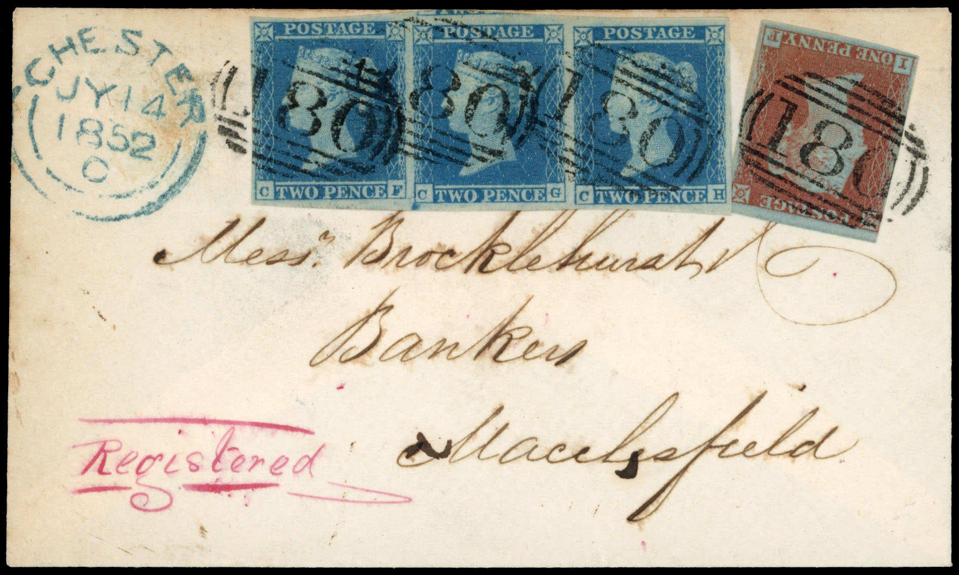 GB 1852 2d blue Plate 4 strip on registered cover