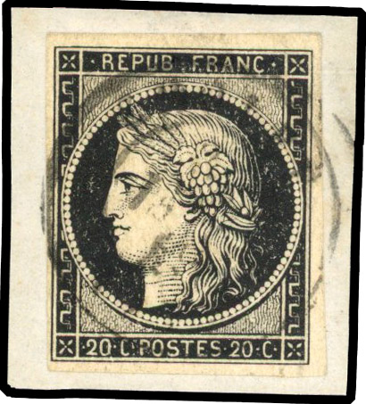 France 1849 20c black on white paper tied to small piece by scarce cds cancel, fine used SG 7