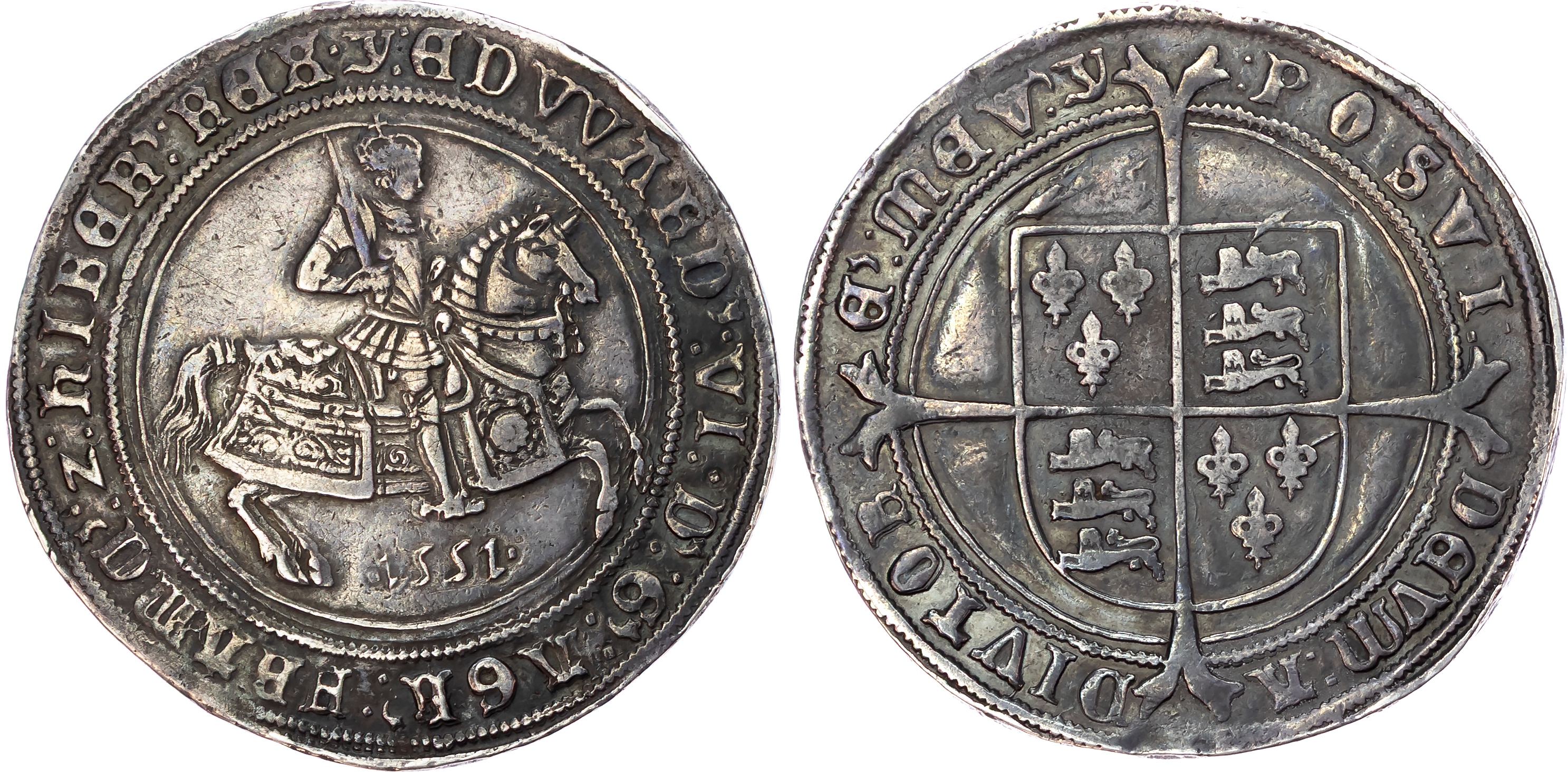 Edward VI (1547-1553) Crown, 1551, third period, fine silver issue, Tower mint (London), mintmark y both sides.