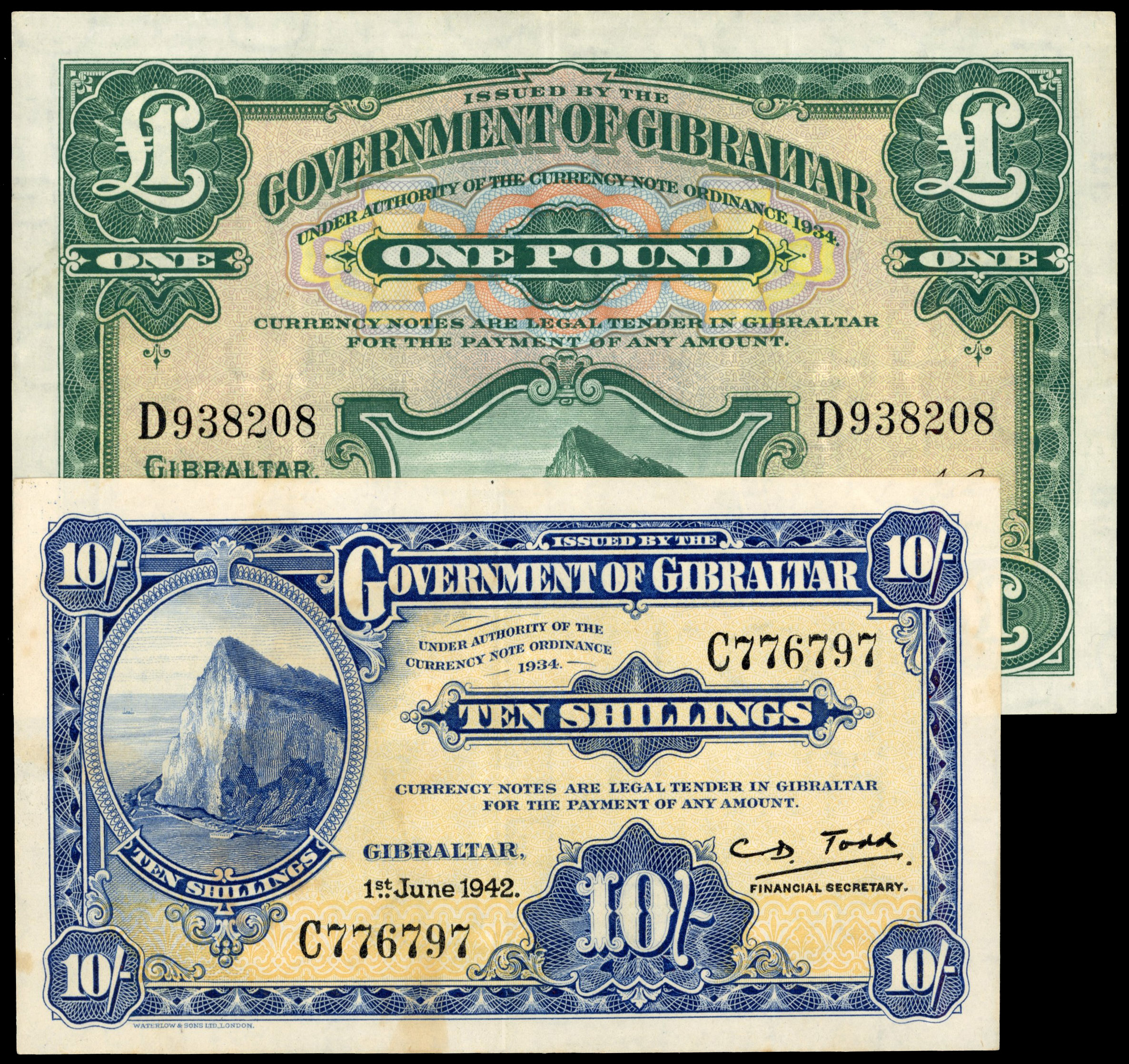 Gibraltar, Government, 1 June 1942, Ten Shillings, C 776797, signature of C. Todd, (Pick 14b); 1 December 1949…