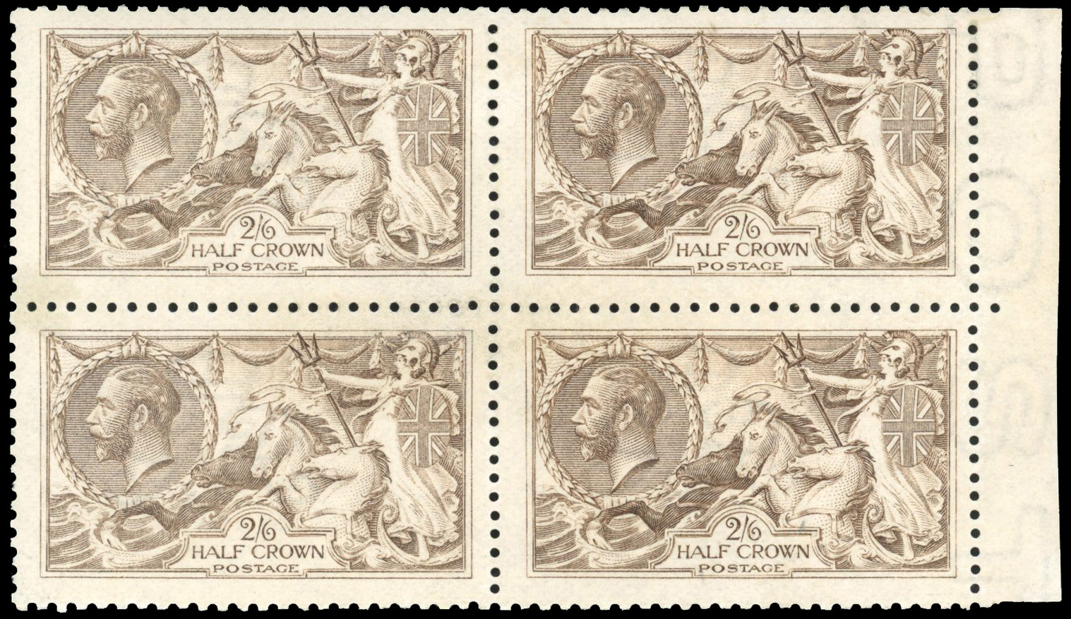 GB 1915 De La Rue 2s6d pale sepia-brown (from unworn plate), mint right marginal block of four