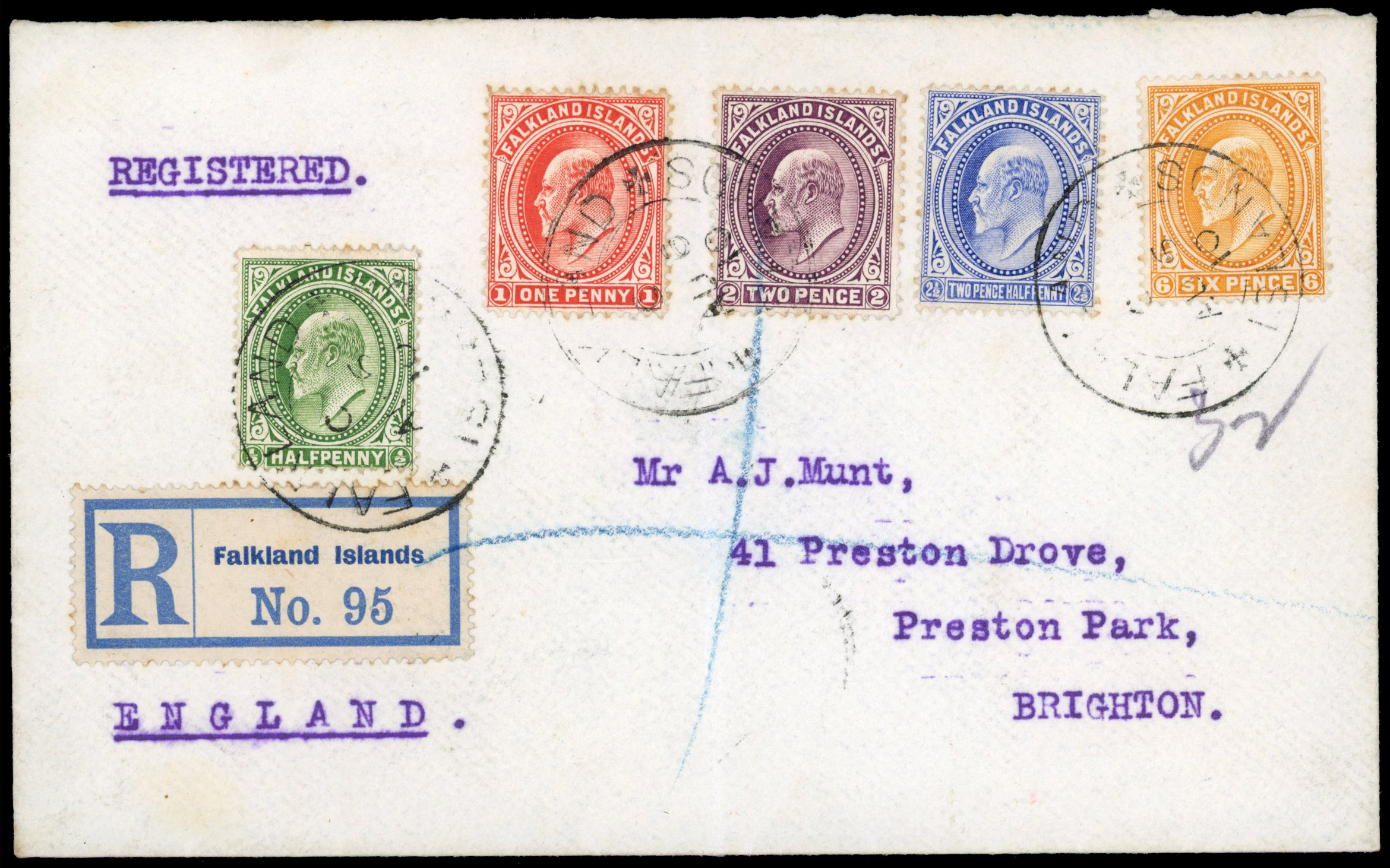 Falkland Is SG 43b/7 1910 registered envelope to Brighton with ½d to 6d