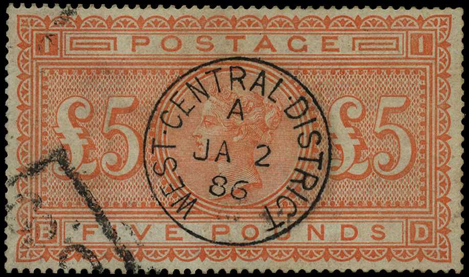 1867-83 £5 orange (BD), blued paper,...