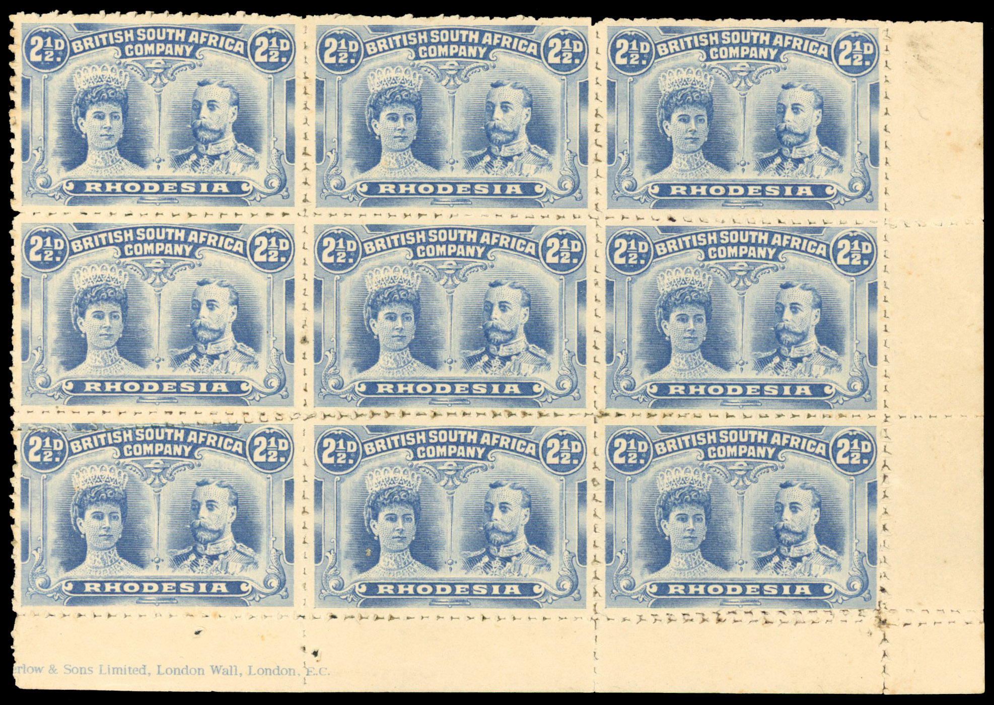 Rhodesia 1910-13 Clandestine roulettes 2½d dull blue block of 9