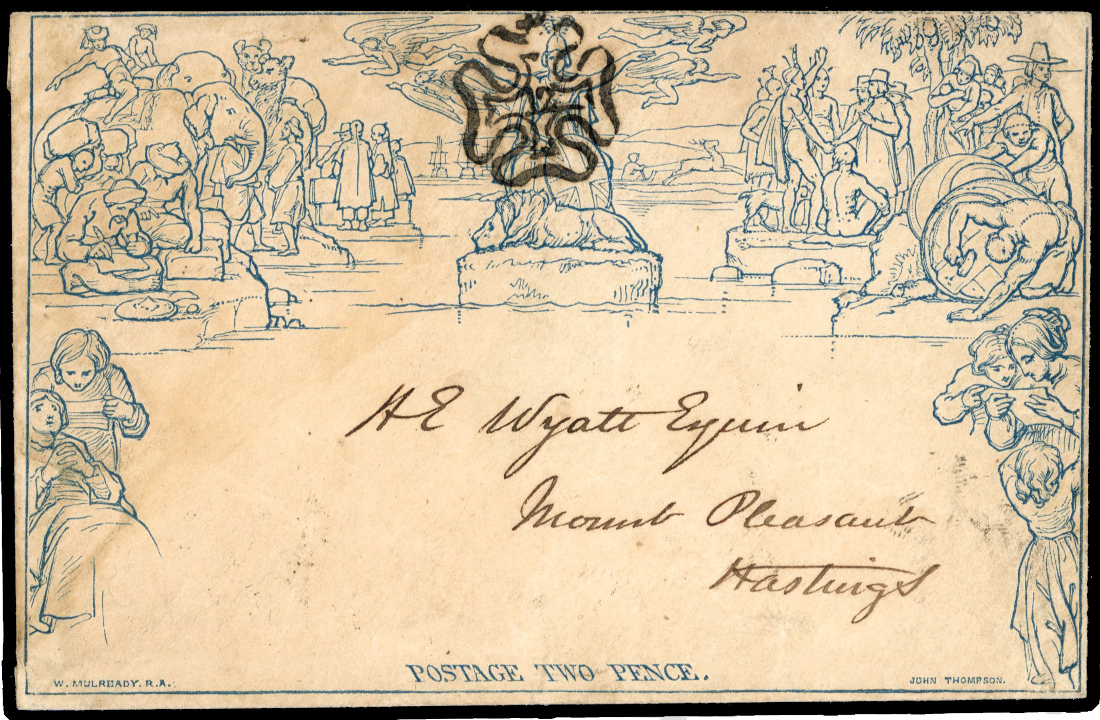 Great Britain 1840 2d blue Mulready envelope used with Number 12 in Cross