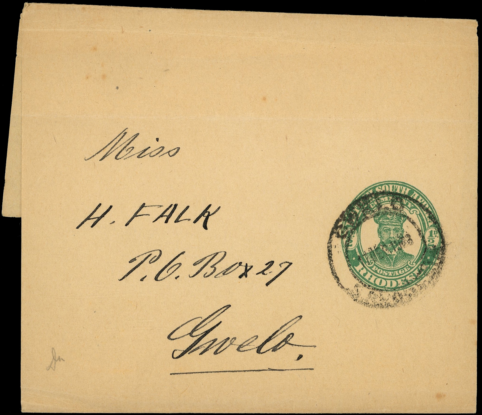 1923 ½d green "Admiral" postal stationery wrapper used locally from Gwelo
