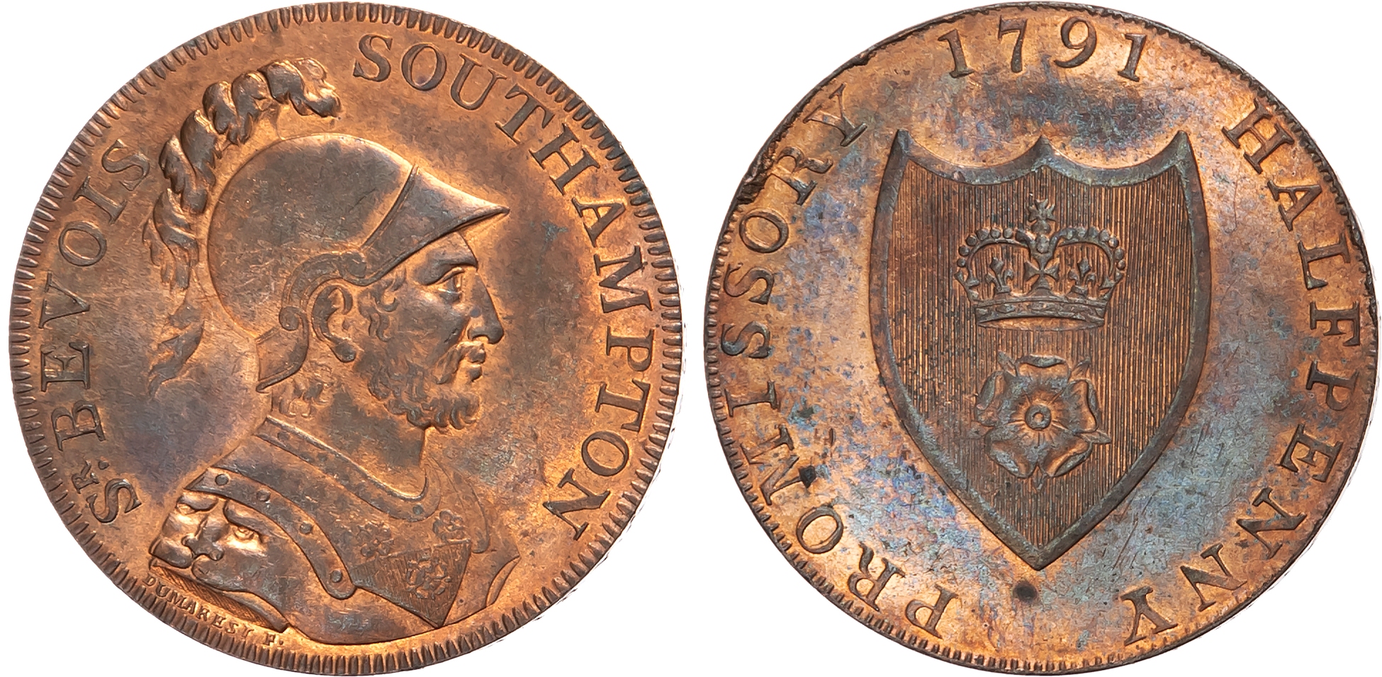 Hants.  Southampton , Taylor, Moody & Co. Boulton’s Halfpenny 1791, Armoured bust of Sir. Bevois right, rev. Southampton …