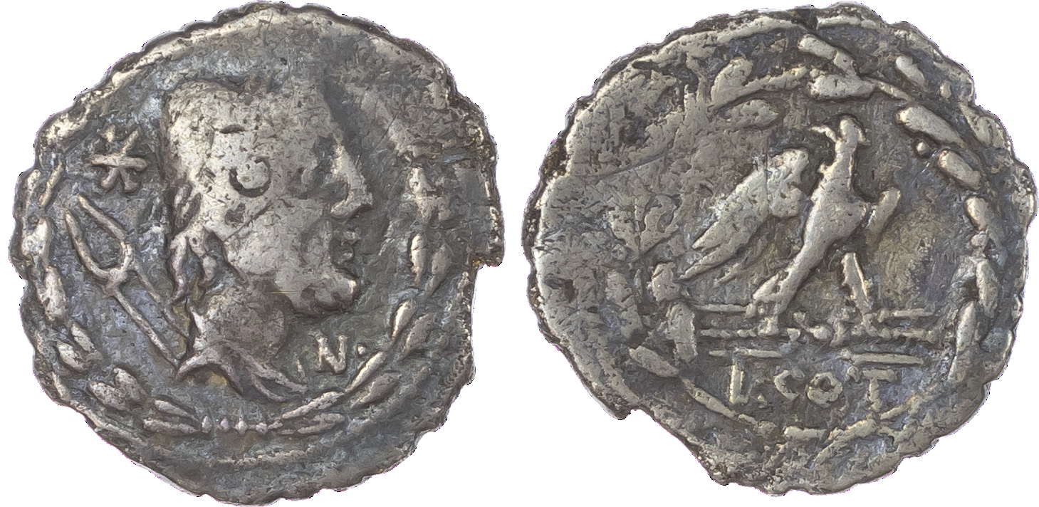Lucius Aurelius Cotta (105 BC) AR Denarius, Rome, 3.29g. Draped bust of Vulcan, wearing laureate pileus, facing right, tongs