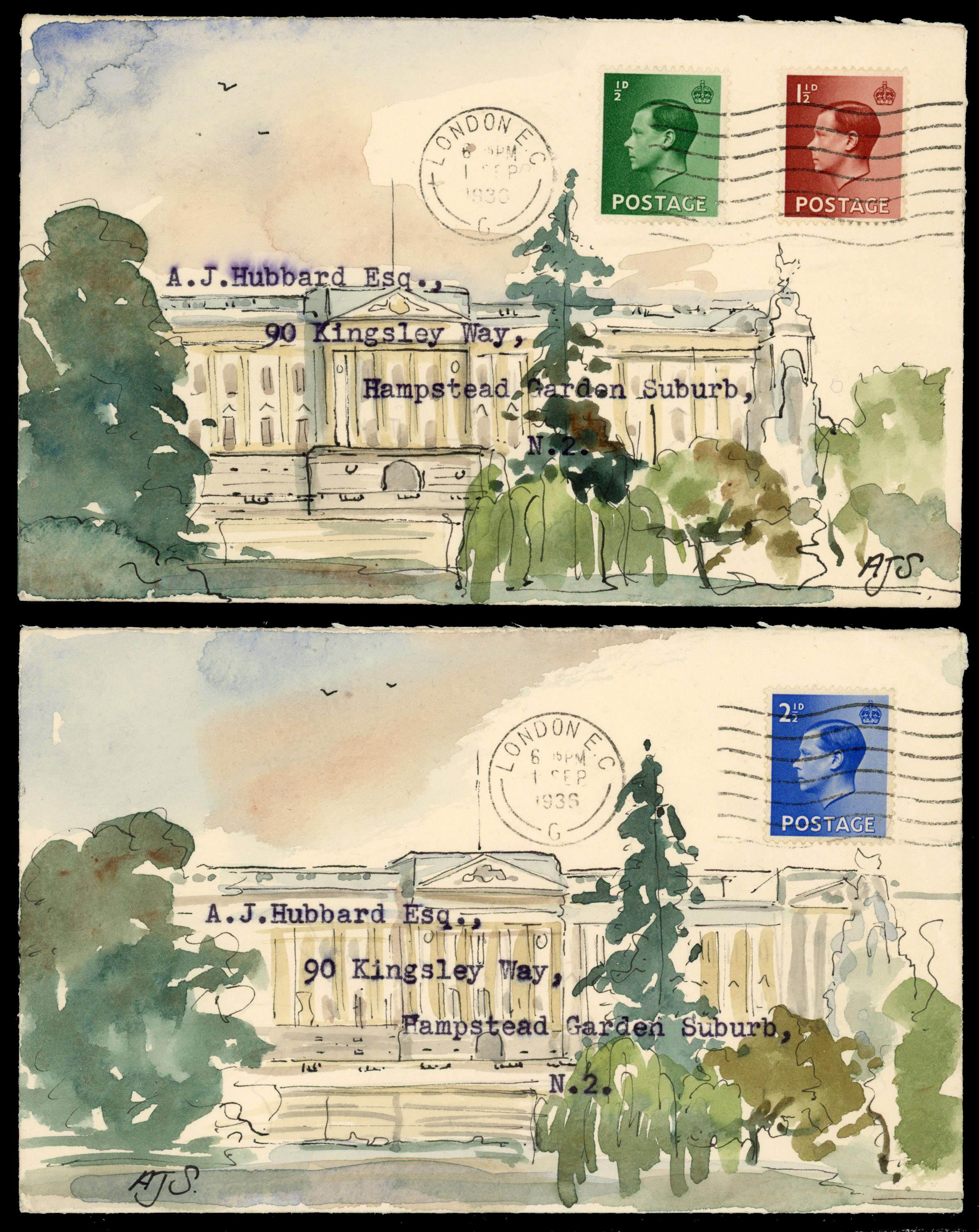 1936 ½-2½d King Edward VIII definitives. Exceptionally fine set of three hand illustrated envelopes fdc's