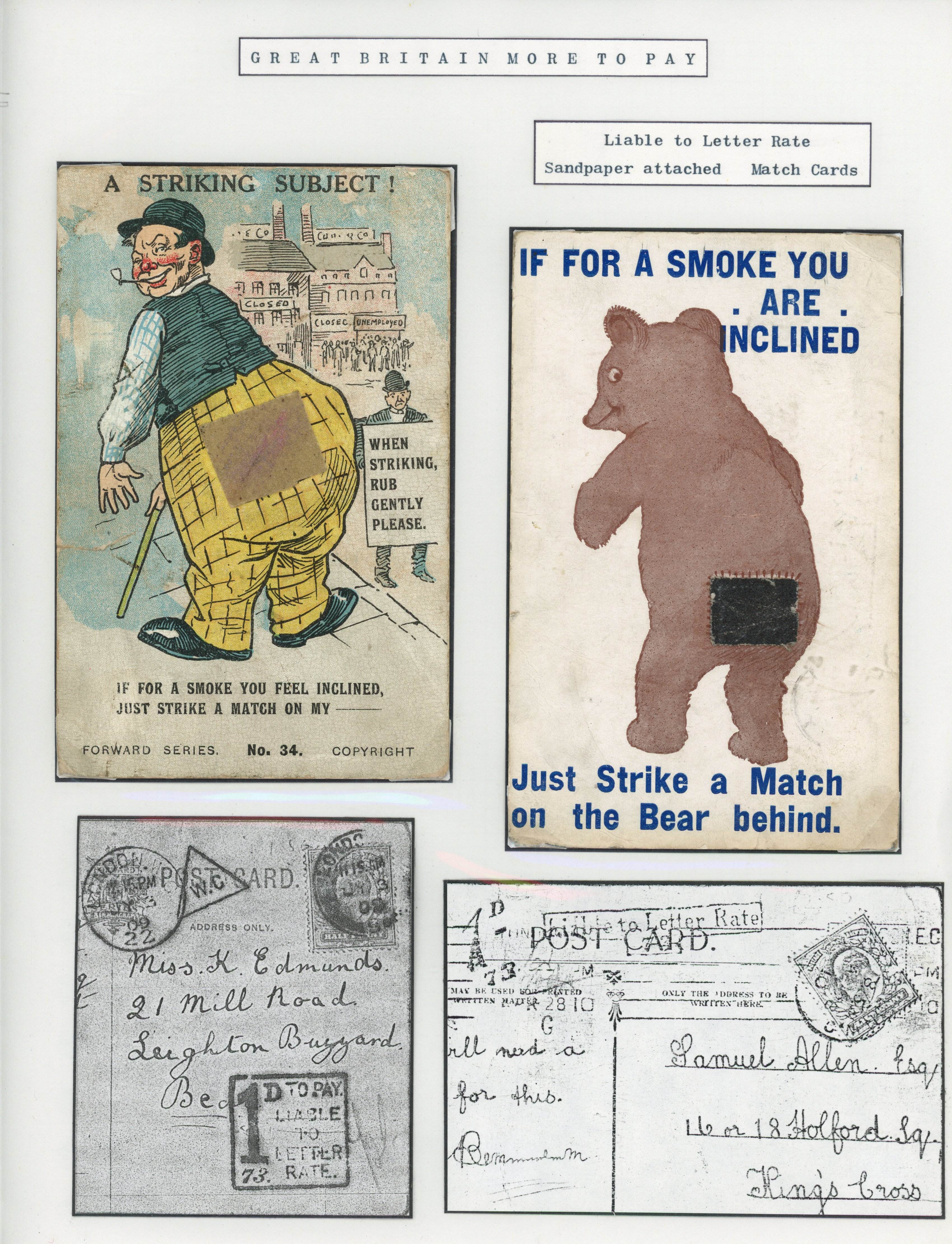 Great Britain 1908-10 pair of novelty postcard with striking paper attached