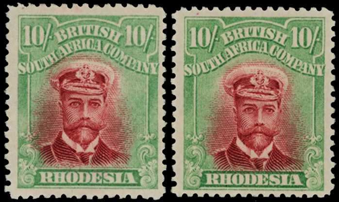 1913-7 10/- Head Die II, perf 14. Two fine...