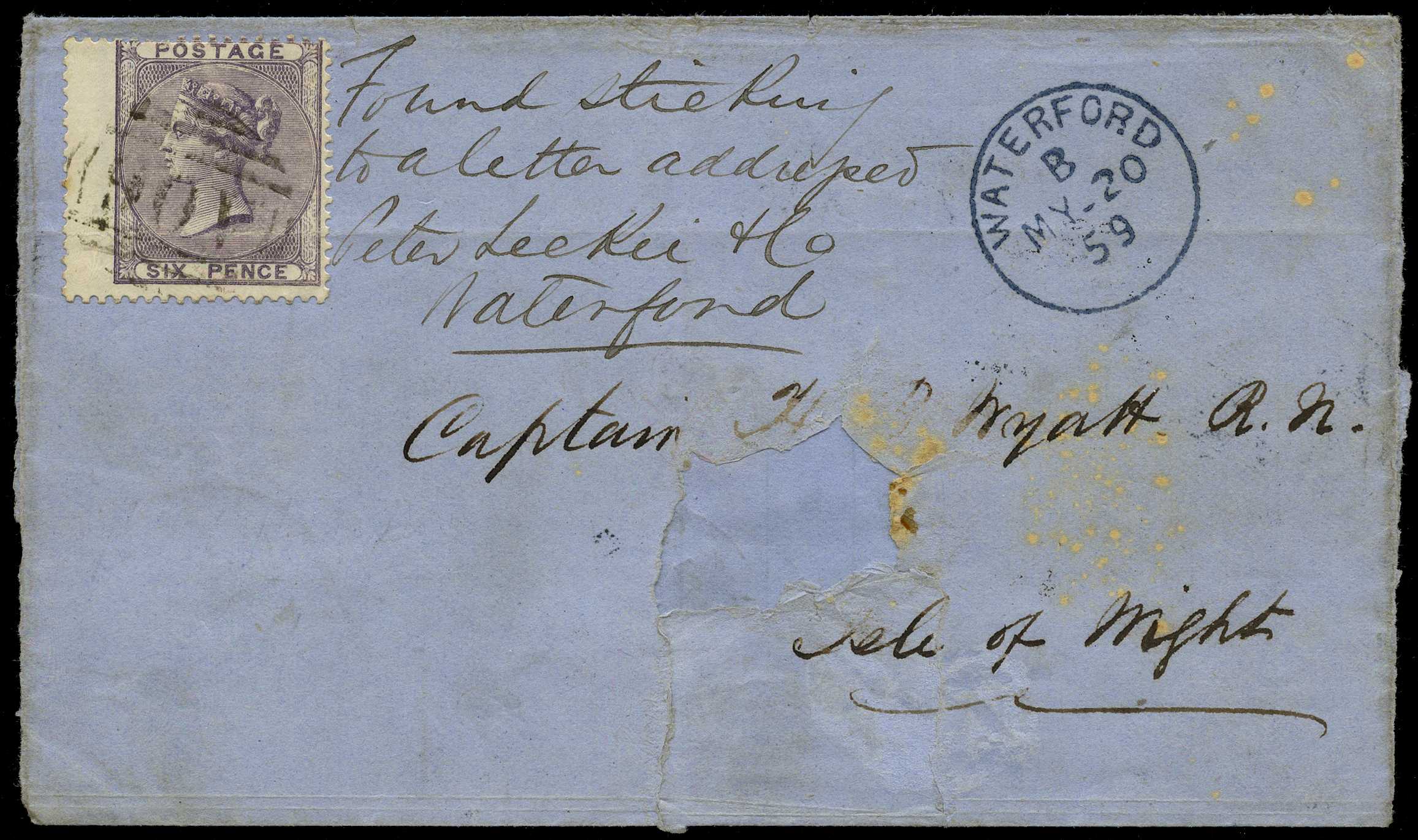 GB USED ABROAD: 1859 6d lilac on part cover...