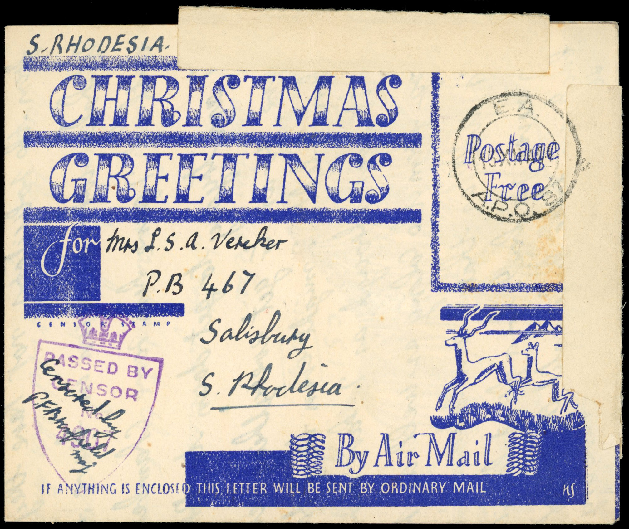 Southern Rhodesia 1944 Christmas Greetings airletter form used