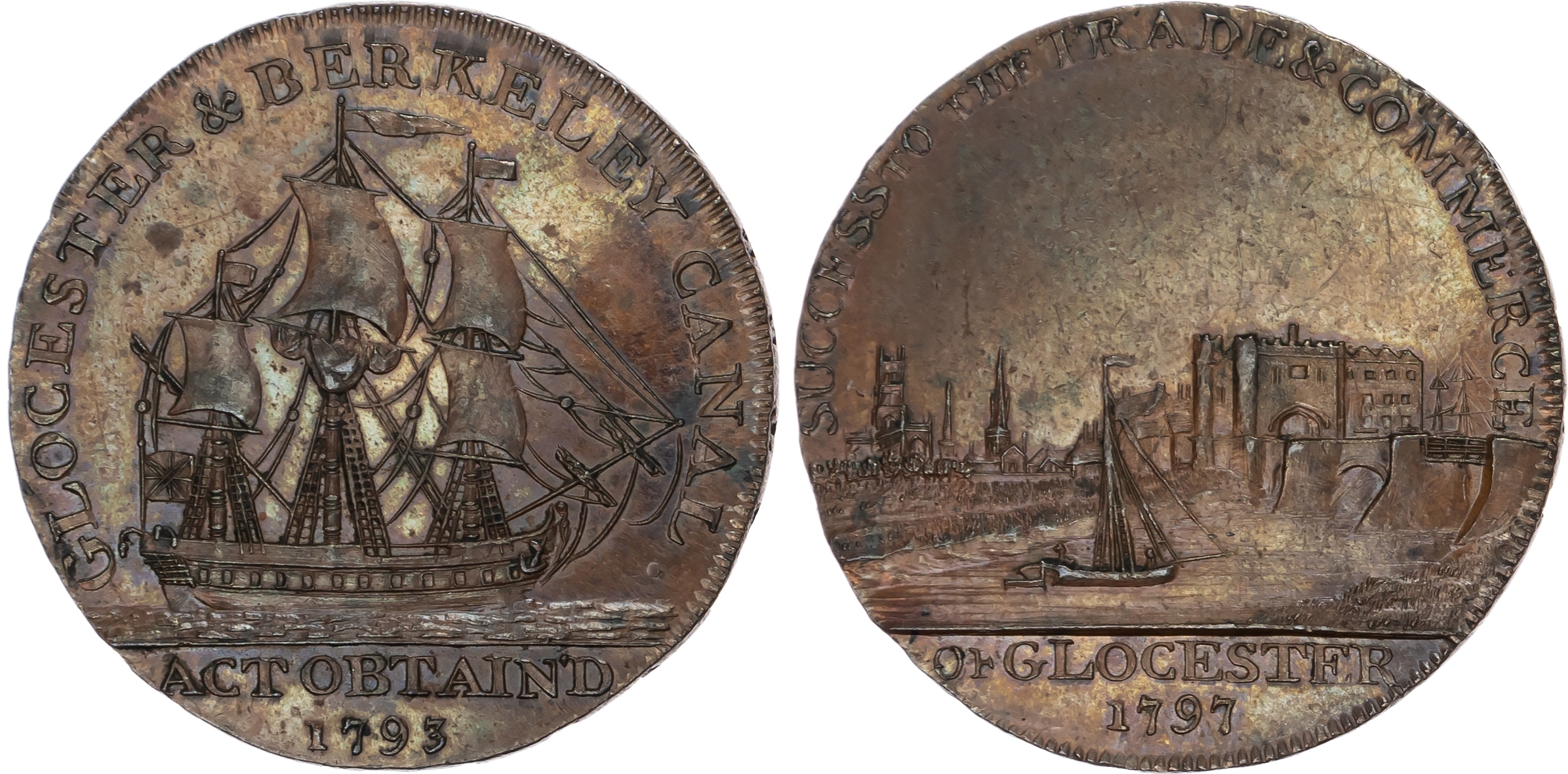 Glos. Gloucester, Gloucester & Berkeley Canal Co. Halfpenny 1793, View of south side of Gloucester from the ca…