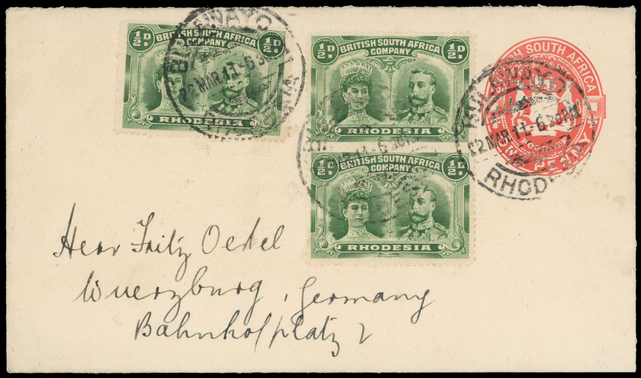 ½d SG 119 group, three on a postal stationery envelope to Germany