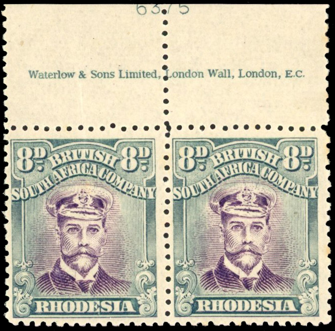 Rhodesia 8d SG 268 imprint pair with part 6375 on selvedge mint