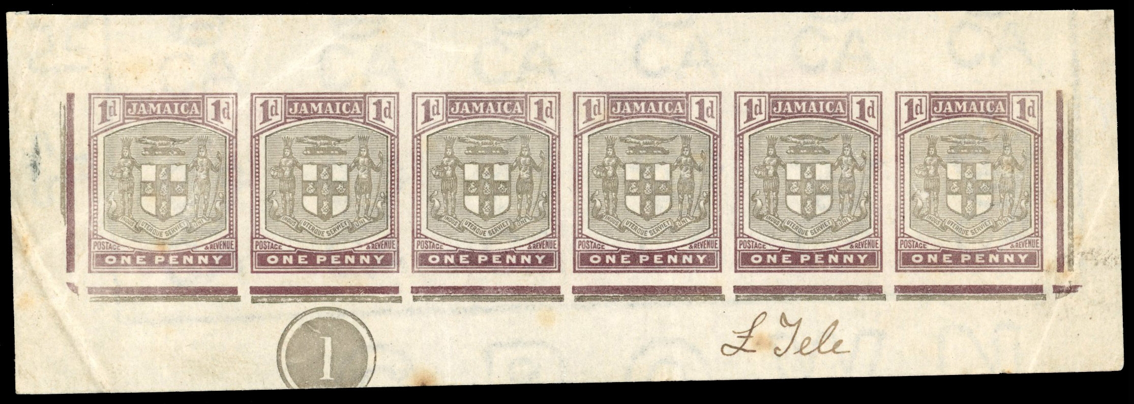 Jamaica 1903-04 1d colour trial in grey and dull plum miniature sheet of 6, SG 34var