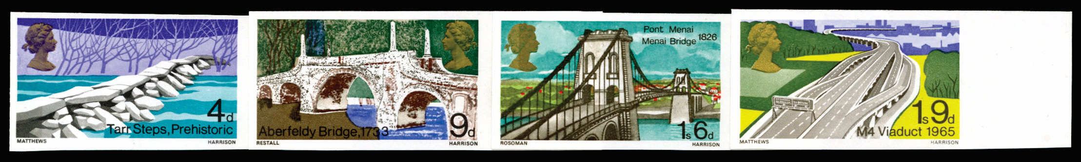GB 1968 4d-1s9d British Bridges. Superb unmounted o.g right hand marginal set of four imperforate impri… SG763/66var