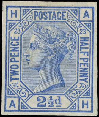 1881 2½d Blue Pl.23. Very fine unused o.g. imperforate imprimatur lettered AH. Scarce one of only 23 possible examples i…