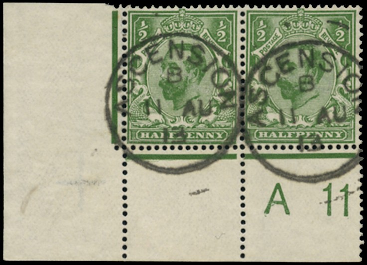 1911-12 Great Britain KGV ½d yellow-green, Die B,...