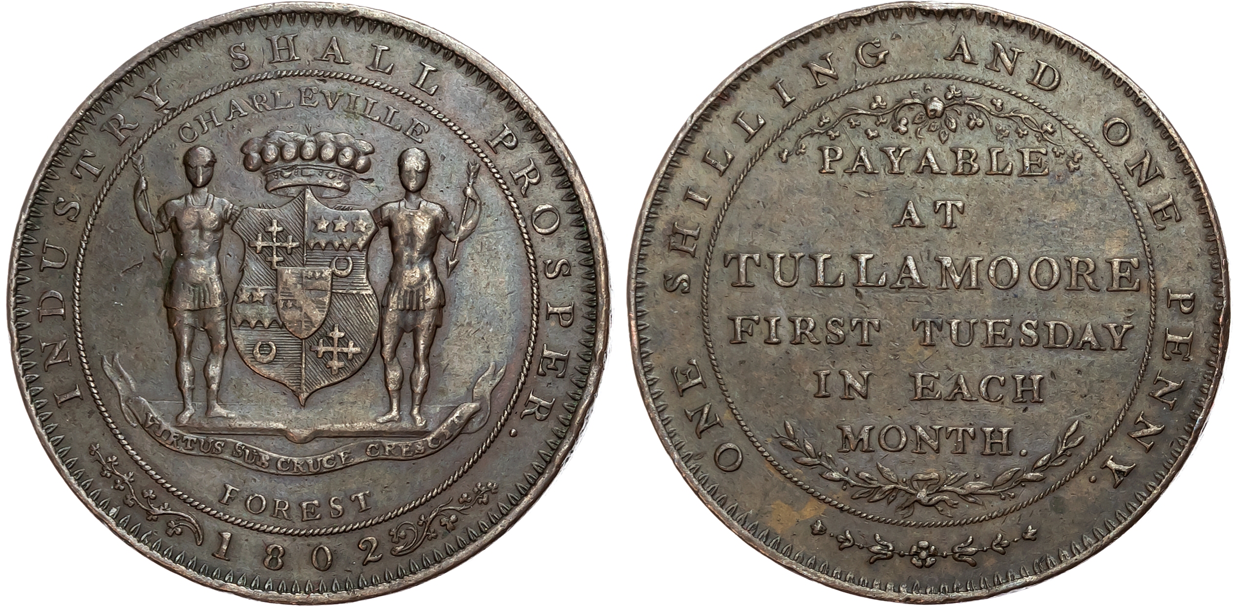 Kings Co. Tullamoore, Charles Bury, viscount Charleville (estate owner) Thirteen Pence 1802, Arms and supporters of Char …