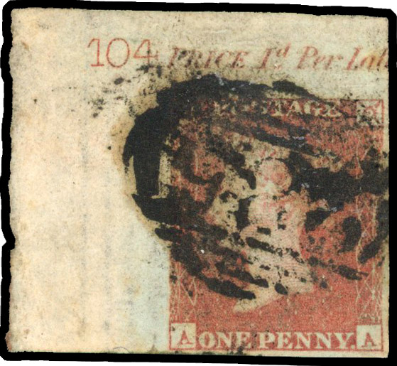 1841 1d Red-brown Pl.104. Used top left hand corner marginal example