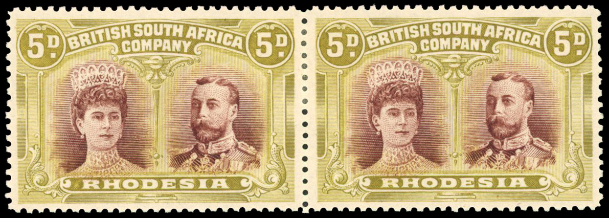 SG 141 5d purple-brown and olive-green pair, #2 Long Gash mint