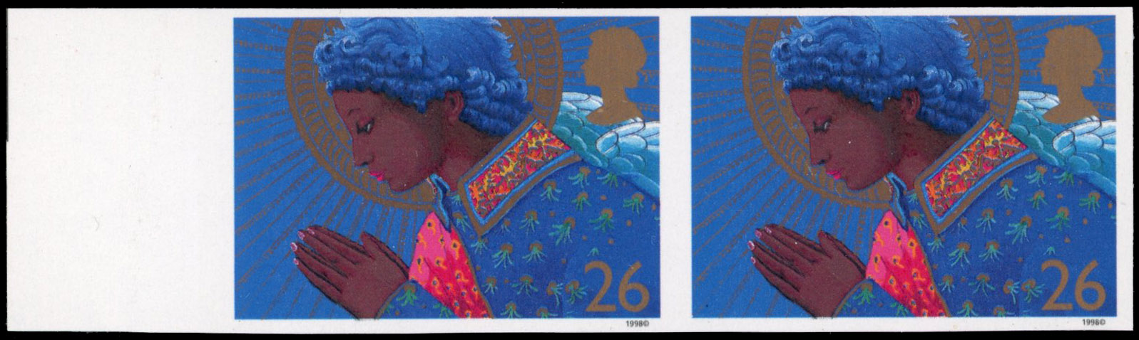 GB: 1998 26 Christmas, Angel praying, horizontal imperforate pair, five mint pairs reported by Pierron. SG 2065a £1,500