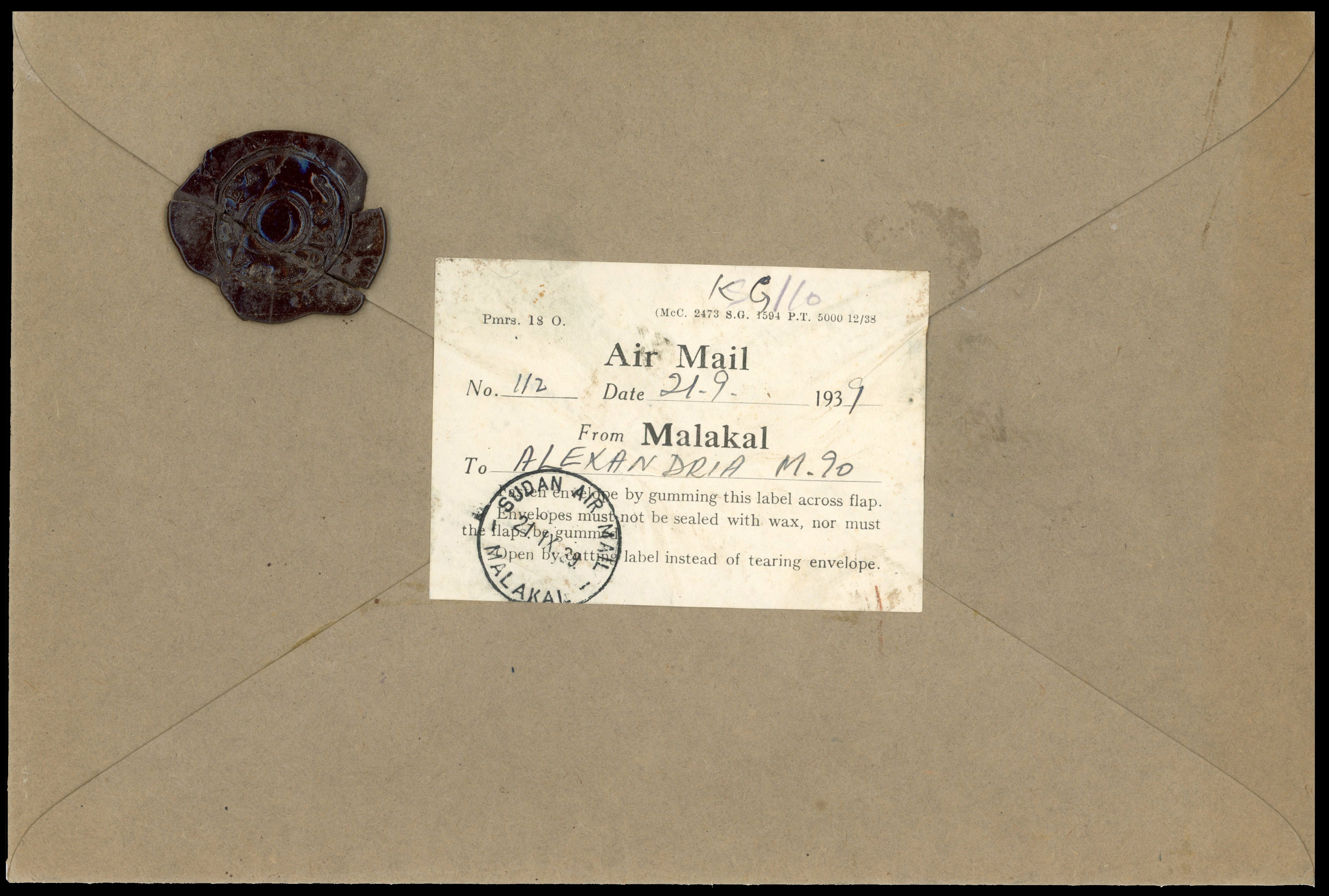 Sudan: Postal Administration large airmail envelope with wax seal and label.
