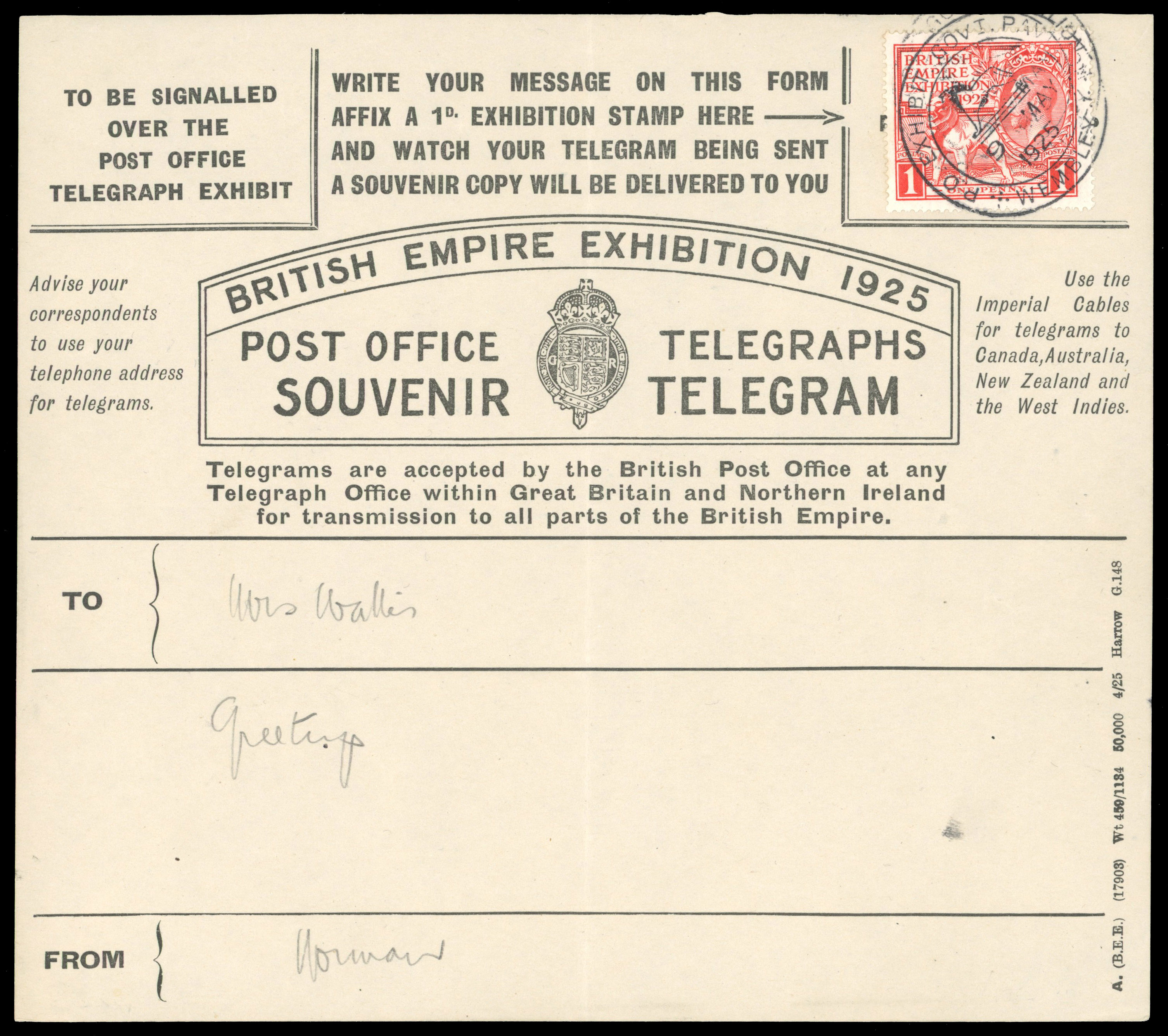 1925 1d British Empire Exhibition. A spectacular British Empire Exhibition souvenir telegram first day