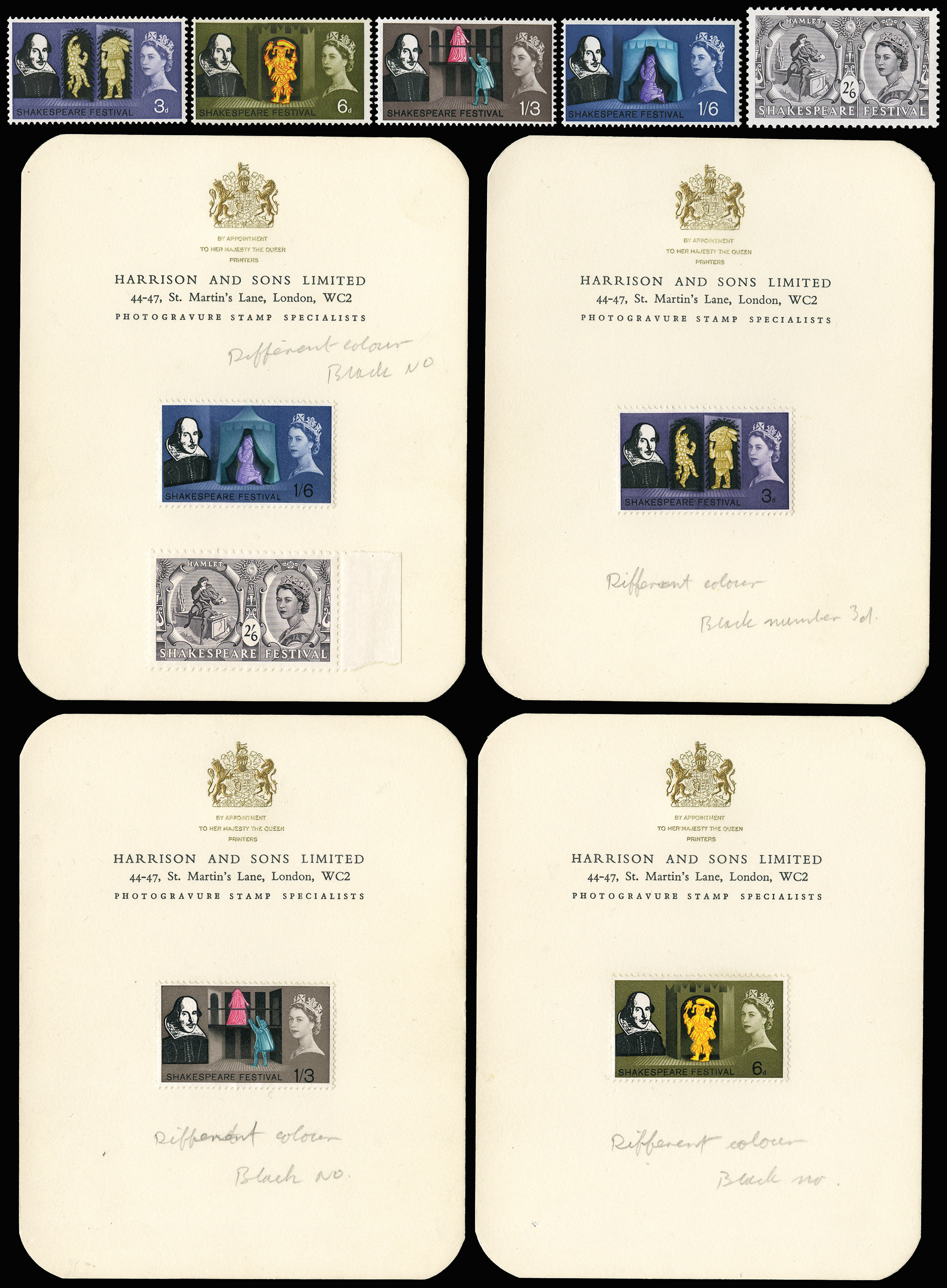 GB 1964 SG646/50var Essay Set on four Harrison cards