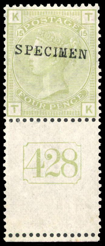 1877 4d Sage green Pl.15. SPECIMEN & current number
