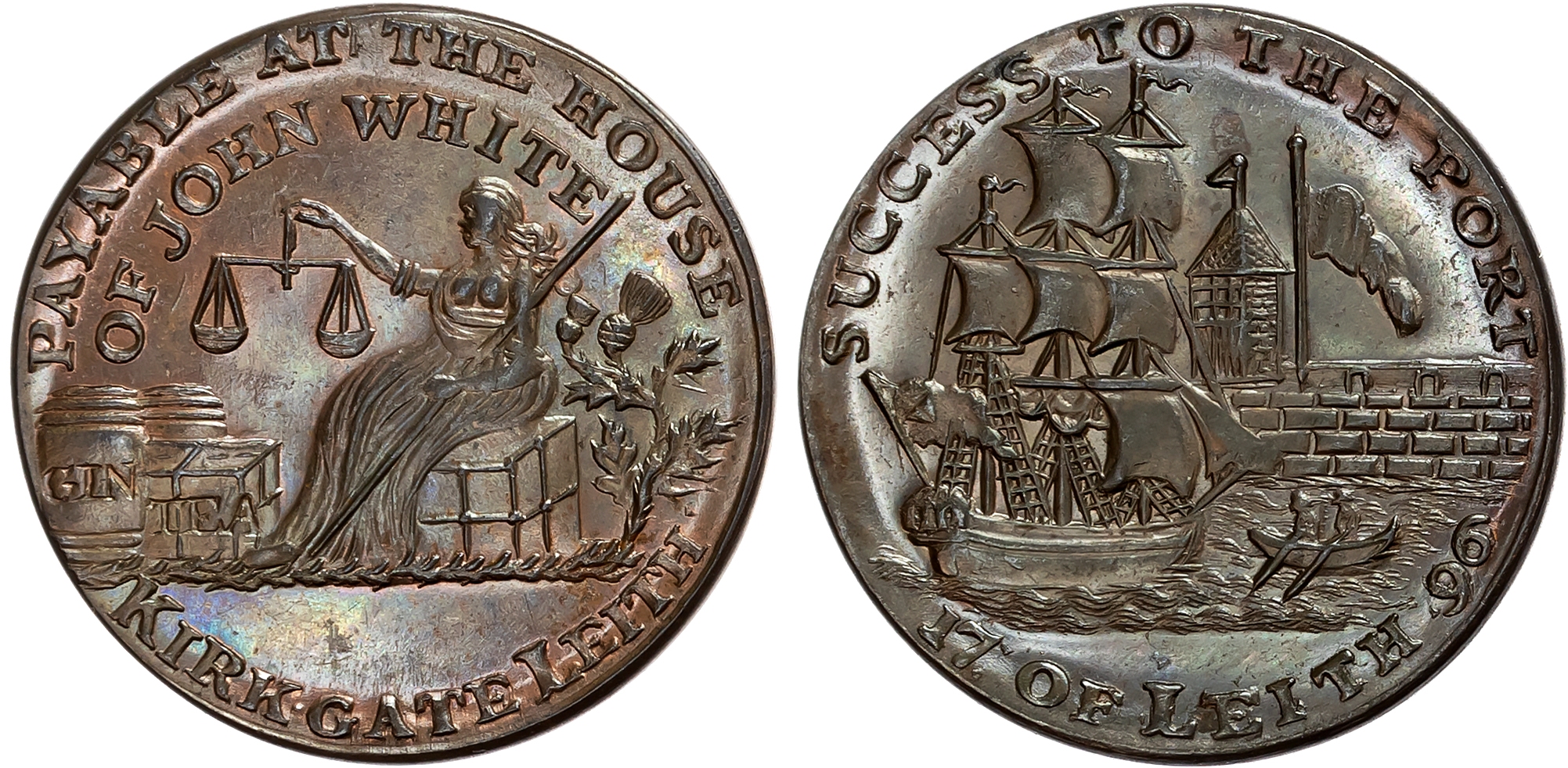 Loth. Leith, John Wright (Liquor merchant) Halfpenny 1796, Tall-ship docking at Leith harbour, rev . Justice seated left …